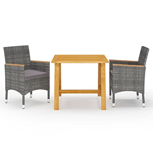 3-TLG. Garten-Essgruppe Grau mit Esstisch aus Akazienholz & 2 Rattan-Stühlen, pulverbeschichtet, für Terrasse, Balkon & Außenbereich von Teenpull