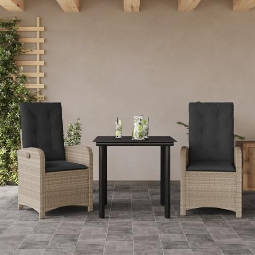 3-TLG. Garten-Essgruppe Hellgrau Poly Rattan mit Kissen, Verstellbaren Stühlen & Glastisch, Outdoor Terrassenmöbel Set für Balkon, Garten, Hof von Teenpull