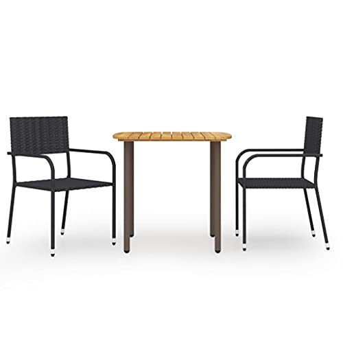 3-TLG. Garten-Essgruppe Poly Rattan Schwarz, Akazienholz Esstisch 80x80cm, 2 stapelbare PE-Rattan Stühle, wetterfestes Outdoor Dining Set für Balkon, Terrasse von Teenpull