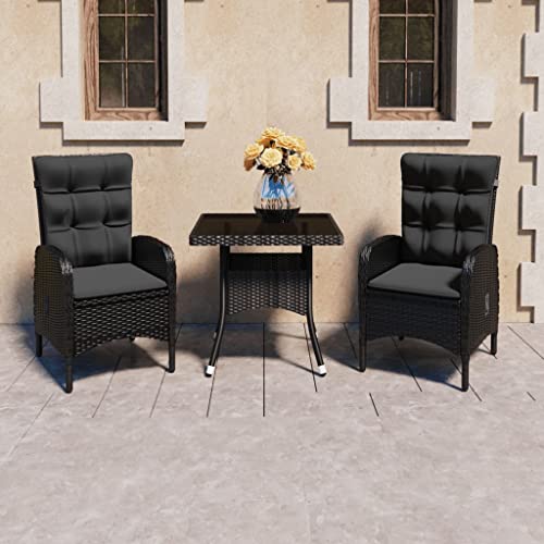 3-TLG. Garten-Essgruppe Poly Rattan und Glas Schwarz, wetterfestes Outdoor Möbel Set mit 2 verstellbaren Sesseln und Tisch für Terrasse, Balkon, Garten von Teenpull