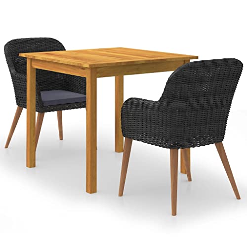 3-TLG. Garten-Essgruppe Schwarz, Akazienholz Esstisch & PE-Rattan Stühle, Outdoor Möbel Set mit Kissen, Balkon & Terrasse Dining für 2 Personen von Teenpull