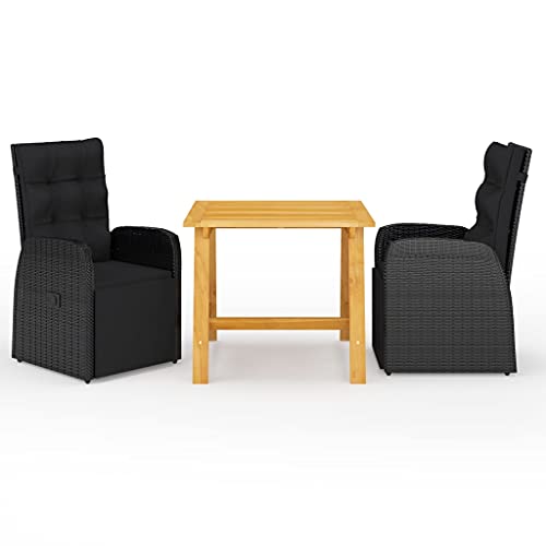 3-TLG. Garten-Essgruppe Schwarz, Akazienholz Tisch & PE-Rattan Stühle, verstellbar, für Terrasse Balkon, Robustes Gartenmöbel-Set für Außenbereich von Teenpull