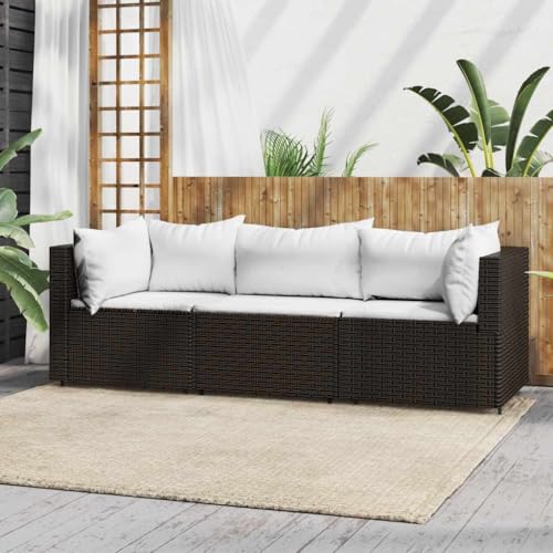 3-TLG. Garten Lounge Set, Braun Poly Rattan mit Cremeweißen Kissen, Modular Outdoor Sofa Gruppe für Terrasse & Balkon, Wetterfest & Stabil von Teenpull
