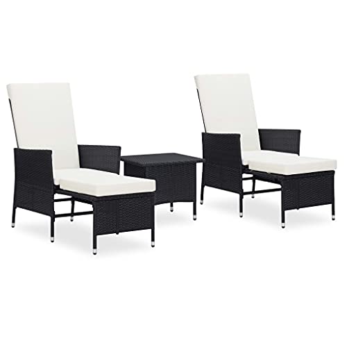 3-TLG. Garten-Lounge-Set, Poly-Rattan Schwarz mit Cremeweißen Kissen, Klappbarer Rückenlehne, für Terrasse Balkon Poolbereich von Teenpull