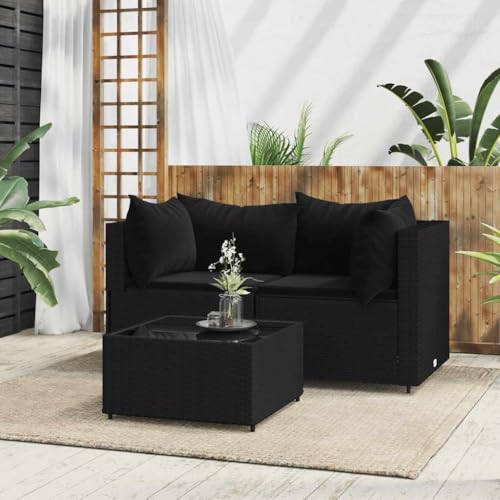 3-TLG. Garten-Lounge-Set, Schwarz Poly Rattan, mit Kissen, Outdoor Patio Sofa Set, Modernes Ecksofa für Garten, Balkon, Terrasse von Teenpull