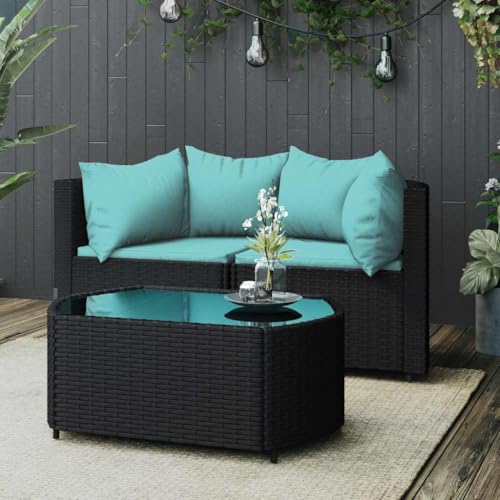 3-TLG. Garten-Lounge-Set, Schwarz Poly Rattan mit Wasserblau Kissen, Modulares Outdoor Sofa für Terrasse & Balkon, Robustes Loungeset von Teenpull