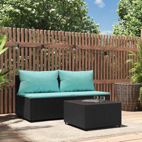 3-TLG. Garten-Lounge-Set Schwarz, witterungsbeständigem Poly Rattan, pulverbeschichtetem Stahlgestell, Glas-Couchtisch für Terrasse, Balkon, Garten von Teenpull