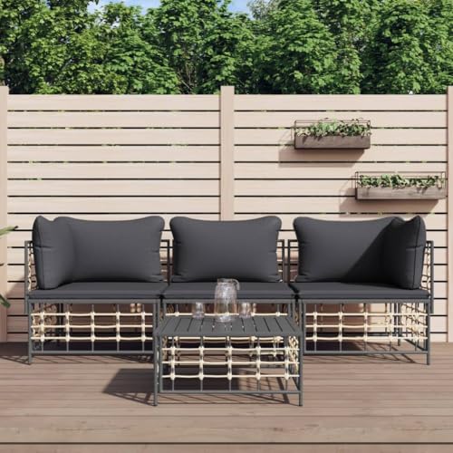 4-TLG. Garten-Lounge-Set, Anthrazit Poly Rattan, wetterfestes Outdoor Sofa Set mit dicken Kissen, modular für Terrasse, Balkon, Garten von Teenpull