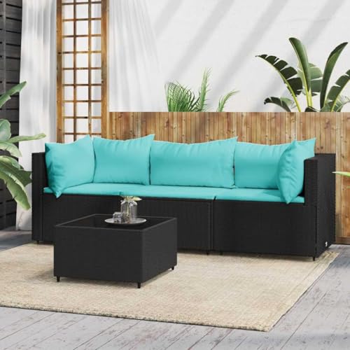 4-TLG. Garten-Lounge-Set, Schwarz Poly Rattan, Modulares Design, Wetterfestes Outdoor Sofa mit Kissen, Komfortable Sitzgruppe für Terrasse, Balkon & Garten von Teenpull