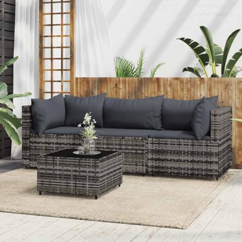 4-TLG. Garten-Lounge-Set Grau mit Kissen, Poly Rattan & gehärtetem Glas-Tisch, modulares Outdoor-Sofa für Terrasse & Balkon, witterungsbeständig & pflegeleicht von Teenpull