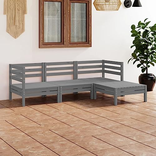 4-TLG. Garten-Lounge-Set aus Massivholz Kiefer Grau für Terrasse, Balkon & Wohnzimmer, Modulares Outdoor Paletten-Sofa-Set mit Hocker/Tisch, Witterungsbeständige Sitzgruppe von Teenpull