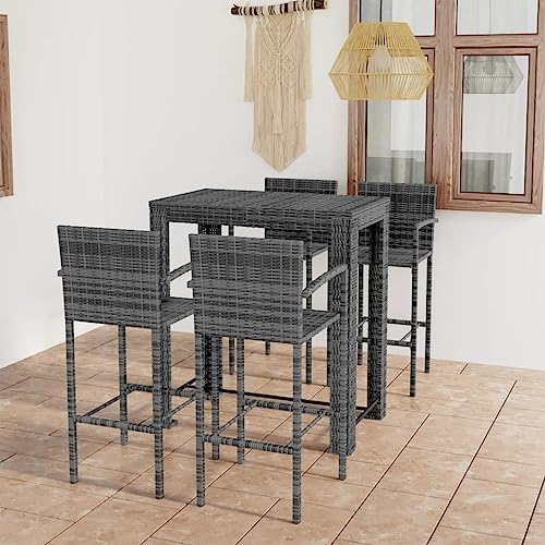 5-TLG. Garten-Bar-Set mit Armlehnen, Poly Rattan Grau, witterungsbeständig für Terrasse & Balkon, Robustes Outdoor Möbelstück von Teenpull