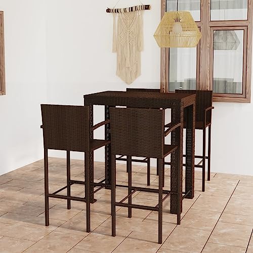 5-TLG. Garten-Bar-Set mit Armlehnen aus wetterfestem Poly Rattan, Braun – Robuste Outdoor Möbel für Terrasse, Balkon & Garten von Teenpull