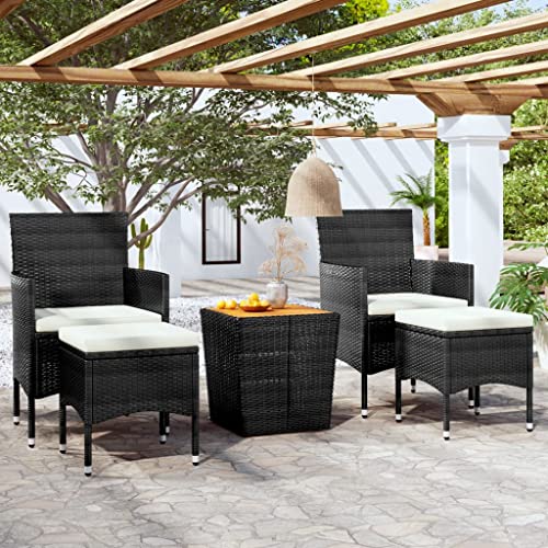 5-TLG. Garten-Bistro-Set, Poly Rattan Schwarz, Massivholz Akazie Tisch, UV-Schutz, Bequeme Stühle mit Armlehnen für Terrasse, Balkon von Teenpull