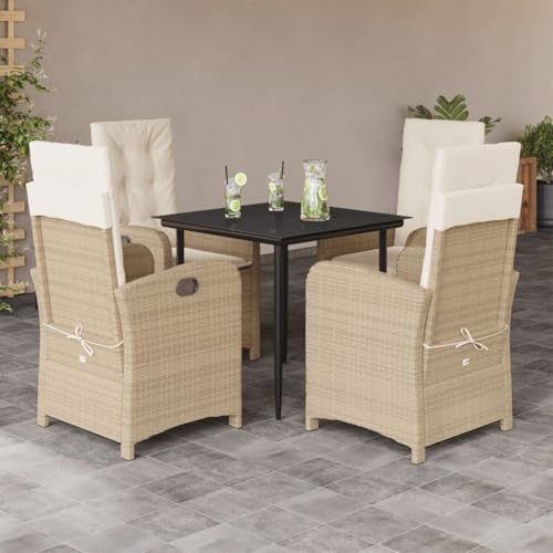 5-TLG. Garten-Essgruppe, Beige Poly Rattan, Verstellbare Stühle, Glastisch, Outdoor Möbel Set für Terrasse, Balkon, Garten von Teenpull