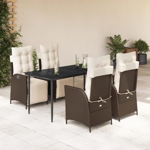 5-TLG. Garten-Essgruppe, Braun Poly Rattan Lounge Set mit Kissen, Verstellbare Stühle, Glastisch, für Terrasse, Balkon, Außenbereich von Teenpull