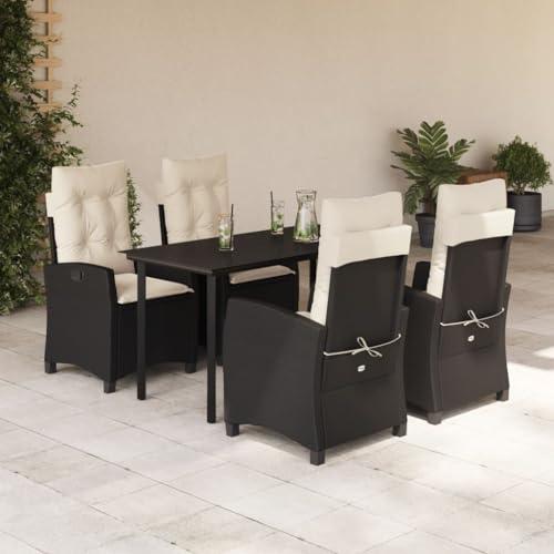 5-TLG. Garten-Essgruppe, Schwarz Poly Rattan, mit verstellbaren Stühlen & Kissen, 140x70cm Glastisch, für Terrasse, Balkon, Außenbereich, UV-beständig 5-TLG. Garten-Essgruppe, Schwarz Poly Rattan, mit verstellbaren Stühlen & Kissen, 140x70cm Glastisch, für Terrasse, Balkon, Außenbereich, UV-beständig von Teenpull