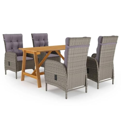 5-TLG. Garten-Essgruppe Grau, Akazienholz-Esstisch & PE-Rattan Stühle, Outdoor Möbel Set mit Kissen, langlebig & pflegeleicht für Terrasse, Balkon, Garten von Teenpull