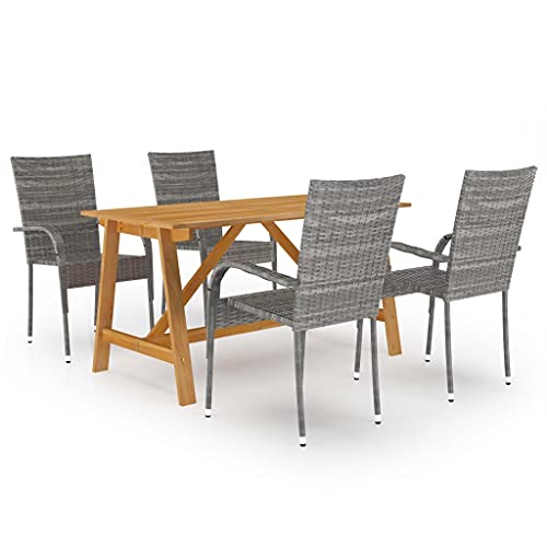 5-TLG. Garten-Essgruppe Grau, Akazienholz Esstisch & wetterfeste PE-Rattan Stühle, stapelbar, für Terrasse, Balkon & Außenbereich von Teenpull