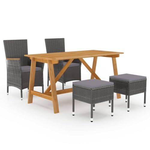 5-TLG. Garten Essgruppe Grau, Akazienholz Tisch & PE Rattan Stühle, Outdoor Essbereich Set mit Polstern für Terrasse, Balkon & Veranda von Teenpull