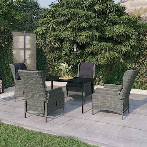 5-TLG. Garten-Essgruppe Hellgrau, Robustes PE-Rattan Outdoor Möbel Set mit verstellbaren Stühlen, Glastisch für Terrasse, Balkon, Garten von Teenpull