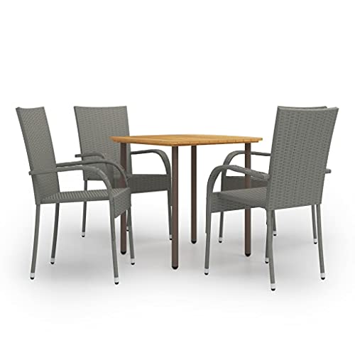 5-TLG. Garten-Essgruppe Poly Rattan Grau, Massivholz-Tisch & Stapelstühle, wetterfestes Outdoor Möbel Set für Terrasse, Balkon, Veranda von Teenpull