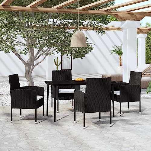 5-TLG. Garten-Essgruppe Schwarz, wetterfestes Rattan-Esszimmer-Set mit Glastisch und 4 Stühlen, robuste Outdoor Terrassenmöbel für Garten, Balkon und Veranda von Teenpull