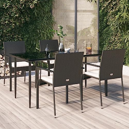 5-TLG. Garten-Essgruppe Schwarz aus wetterfestem Poly Rattan, Outdoor Möbel Set mit bequemen Kissen, 4 Stühle & Tisch, Modernes Design für Garten, Terrasse, Balkon von Teenpull
