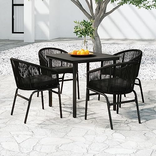 5-TLG. Garten-Essgruppe Schwarz mit Glastisch und PVC-Rattan Stühlen, wetterfestes Outdoor Möbel Set für Terrasse und Balkon, pulverbeschichteter Stahlrahmen von Teenpull