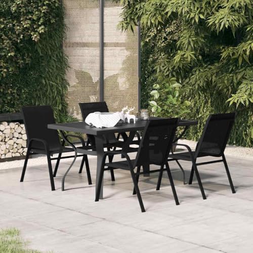 5-TLG. Garten-Essgruppe Schwarz mit Stapelbaren Stühlen, Pulverbeschichtetem Stahl und Gehärtetem Glas – Ideal für Terrasse, Balkon und Outdoor-Bereich von Teenpull