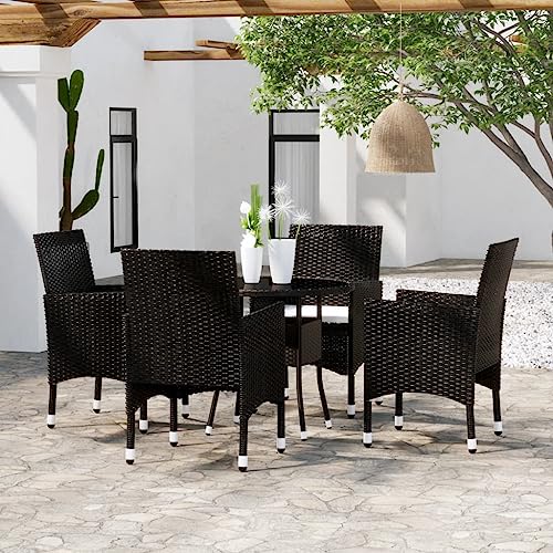 5-TLG. Garten-Essgruppe aus schwarzem Poly Rattan, runder Tisch Ø80cm, Hartglasplatte, Bequeme Stühle mit cremeweißen Kissen für Terrasse, Balkon, Außenbereich 5-TLG. Garten-Essgruppe aus schwarzem Poly Rattan, runder Tisch Ø80cm, Hartglasplatte, Bequeme Stühle mit cremeweißen Kissen für Terrasse, Balkon, Außenbereich von Teenpull