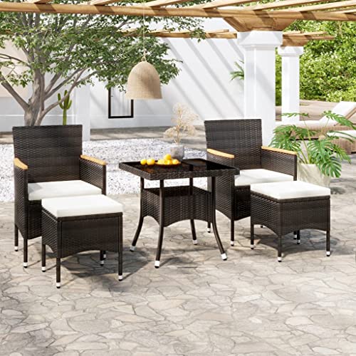 5-TLG. Garten-Essgruppe aus schwarzem Poly Rattan mit Hartglas-Tischplatte, wetterfestes Outdoor Dining Set für Balkon & Terrasse, inklusive 2 Stühle und 2 Hocker von Teenpull