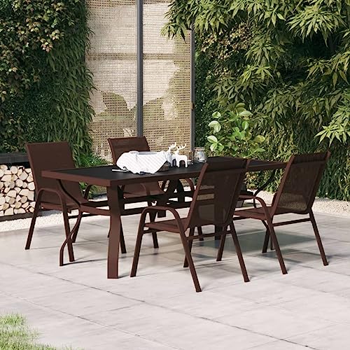 5-TLG. Garten-Essgruppe für Terrasse & Balkon, Braun-Schwarz, Outdoor Dining Set mit stapelbaren Stühlen, wetterfestem Textilene & gehärtetem Glas-Tischplatte von Teenpull