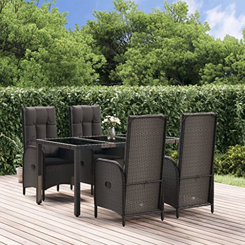 5-TLG. Garten-Essgruppe mit Kissen, Schwarz Poly Rattan, Wetterfestes Outdoor Möbel Set, Verstellbare Stühle, Hartglas-Tisch, Modernes Design für Terrasse, Balkon von Teenpull