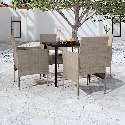 5-TLG. Garten-Essgruppe mit Kissen, wetterfestes PE-Rattan, pulverbeschichteter Stahlrahmen, 80x80cm Tisch für Terrasse, Balkon, Veranda, Komfortables Outdoor Dining Set in Beige/Schwarz von Teenpull