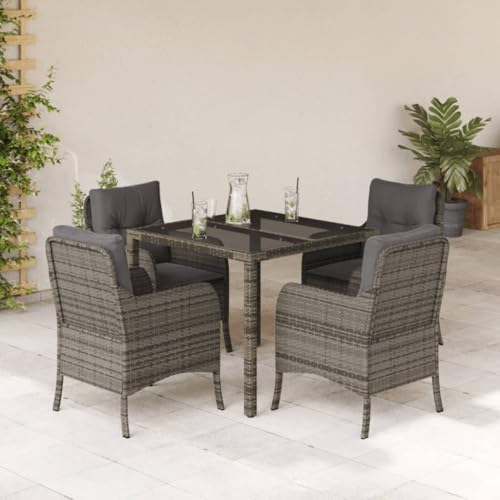 5-TLG. Garten-Essgruppe mit Kissen Grau, Poly Rattan Outdoor-Möbel Set für Terrasse, Balkon, Essbereich, 4 Stühle & Glastisch, modernes Design 5-TLG. Garten-Essgruppe mit Kissen Grau, Poly Rattan Outdoor-Möbel Set für Terrasse, Balkon, Essbereich, 4 Stühle & Glastisch, modernes Design von Teenpull