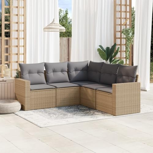 5-TLG. Garten-Sofagarnitur, Beige Poly Rattan Lounge Set, UV-beständig mit Kissen, Modulares Design für Terrasse Balkon, Outdoor Möbel für Entspannung von Teenpull