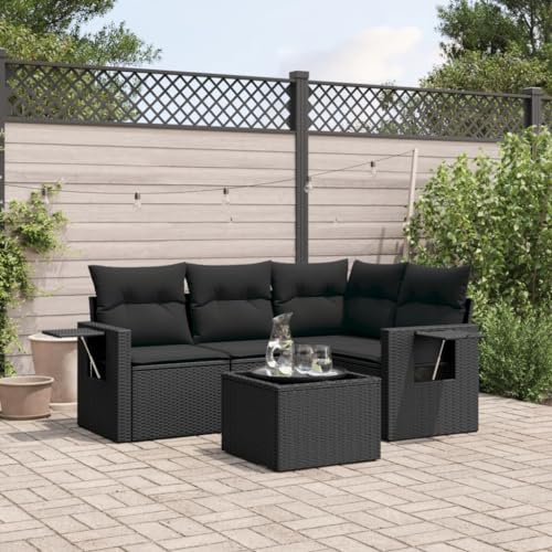 5-TLG. Garten-Sofagarnitur Schwarz Poly Rattan, Modulares Outdoor Möbel Set mit Glasplatte, Kissen, Beistelltisch für Terrasse, Balkon, Hof von Teenpull