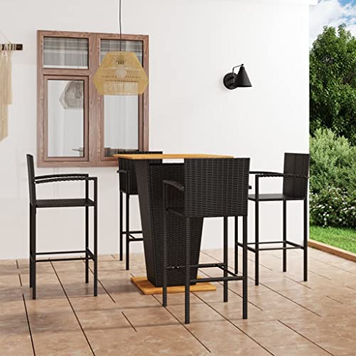 5-TLG. Gartenbar-Set Schwarz mit Akazienholz, PE-Rattan, pulverbeschichtetem Stahl, für Terrasse Balkon Garten, Robustes Outdoor Möbel Set von Teenpull