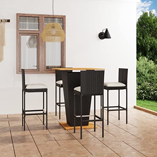 5-TLG. Gartenbar-Set aus schwarzem Poly Rattan mit Kissen, Stehtisch und 4 Barhockern für Terrasse, Balkon und Außenbereich von Teenpull