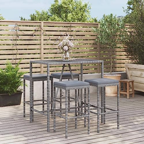 5-TLG. Gartenbar-Set mit Kissen Grau Poly Rattan, wetterfestes Outdoor Bartisch & Hocker Set für Balkon, Terrasse, Garten, Essbereich 5-TLG. Gartenbar-Set mit Kissen Grau Poly Rattan, wetterfestes Outdoor Bartisch & Hocker Set für Balkon, Terrasse, Garten, Essbereich von Teenpull