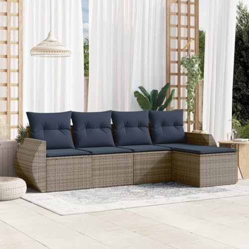 5-teiliges Gartensofa-Set, Grau Polyrattan Outdoor Lounge Möbel mit Kissen, Modulares Terrassenmöbel-Set für Balkon, Garten und Terrasse von Teenpull