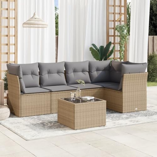 6-TLG. Garten-Sofagarnitur Beige Poly Rattan, Outdoor Möbel Set für Terrasse Balkon, Modulares Design mit Kissen, Gartentisch mit Glasplatte, UV-beständig, wetterfest von Teenpull