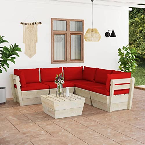 6-TLG. Garten-Sofagarnitur aus imprägniertem Fichtenholz mit roten Kissen, Robustes Paletten-Lounge-Set für Terrasse, Balkon, Garten, Wohnzimmer 6-TLG. Garten-Sofagarnitur aus imprägniertem Fichtenholz mit roten Kissen, Robustes Paletten-Lounge-Set für Terrasse, Balkon, Garten, Wohnzimmer von Teenpull