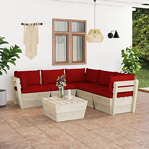 6-TLG. Garten-Sofagarnitur aus imprägniertem Fichtenholz mit weinroten Kissen für Terrasse, Garten, Balkon – Modulares Paletten-Lounge-Set, langlebig und komfortabel von Teenpull
