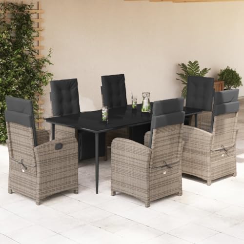 7-TLG. Garten-Essgruppe, Grau Poly Rattan Outdoor Möbel Set mit 6 verstellbaren Stühlen, Esstisch aus Glas für Balkon, Terrasse, Garten 7-TLG. Garten-Essgruppe, Grau Poly Rattan Outdoor Möbel Set mit 6 verstellbaren Stühlen, Esstisch aus Glas für Balkon, Terrasse, Garten von Teenpull
