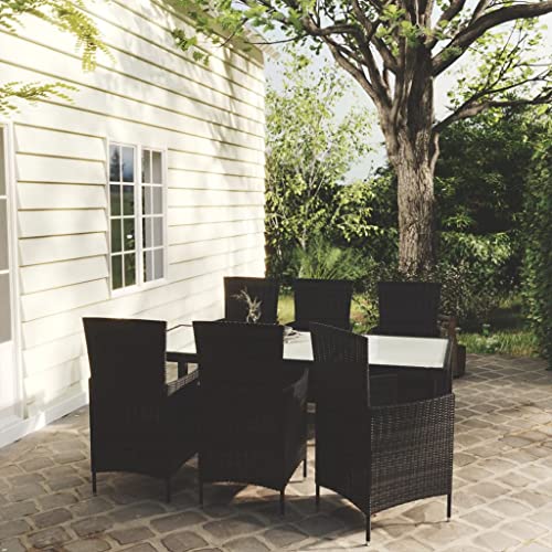 7-TLG. Garten-Essgruppe, Poly Rattan Schwarz, Robustes Outdoor Möbel Set mit 6 Stühlen, Kissen & Tisch, langlebig für Terrasse, Balkon & Gartenbereiche von Teenpull