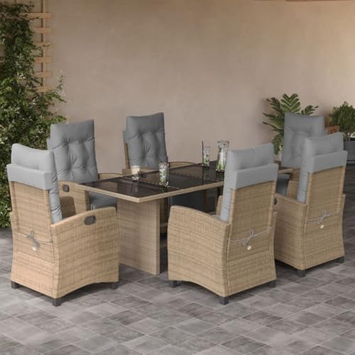 7-TLG. Garten Essgruppe, Poly Rattan beigemischtes Geflecht, Verstellbare Stühle, Glastischplatte, UV-beständig, wetterfest, für Terrasse, Balkon, Garten, Essbereich 7-TLG. Garten Essgruppe, Poly Rattan beigemischtes Geflecht, Verstellbare Stühle, Glastischplatte, UV-beständig, wetterfest, für Terrasse, Balkon, Garten, Essbereich von Teenpull