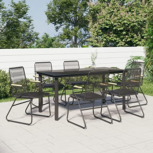 7-TLG. Garten-Essgruppe, Schwarz PVC-Rattan, 160x80cm Tisch mit Hartglasplatte, 6 Stühle Teakholz-Armlehnen, für Terrasse, Balkon, Außenbereich, Modernes Design, Langlebig 7-TLG. Garten-Essgruppe, Schwarz PVC-Rattan, 160x80cm Tisch mit Hartglasplatte, 6 Stühle Teakholz-Armlehnen, für Terrasse, Balkon, Außenbereich, Modernes Design, Langlebig von Teenpull