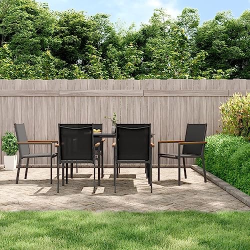 7-TLG. Garten-Essgruppe, Schwarz Textilene, pulverbeschichteter Stahl, 140x70cm Tisch, Bequeme Stühle für Patio Outdoor Dining Set von Teenpull